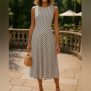 Banana Republic Womens White Midi Dress Small Striped Asymmetrical Office Church